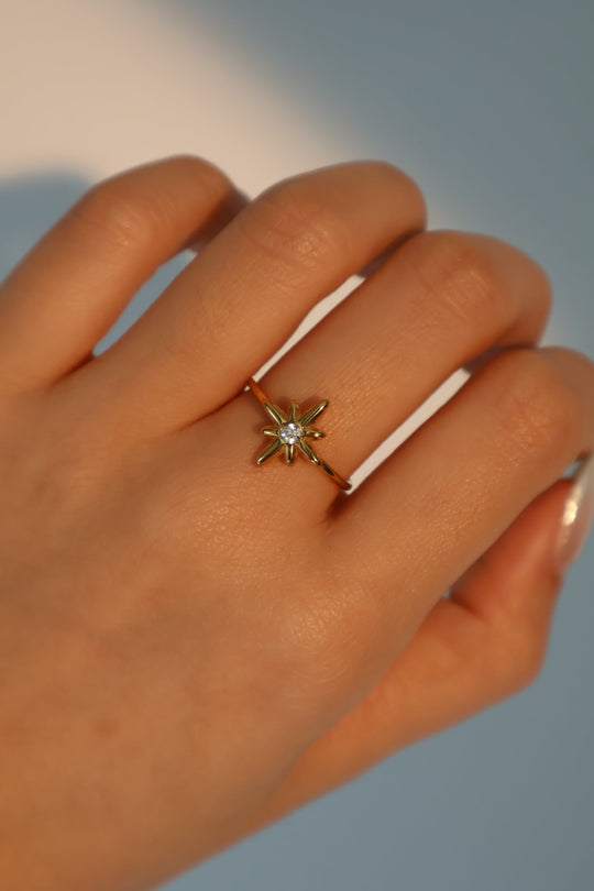 Anello in acciaio inossidabile con stella polare e diamanti