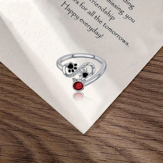 Anello Regolabile con Zampa Nera & Gemma Rossa