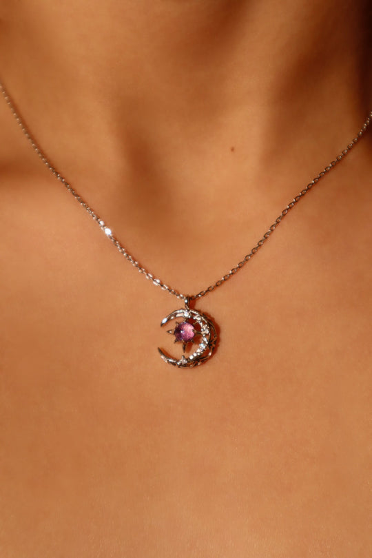 Collana con luna e gemma glitterata viola