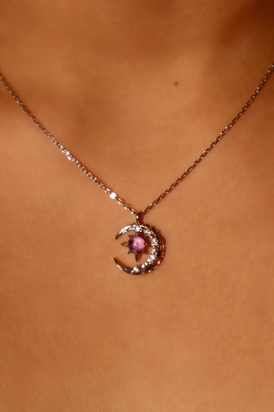 Collana con luna e gemma glitterata viola