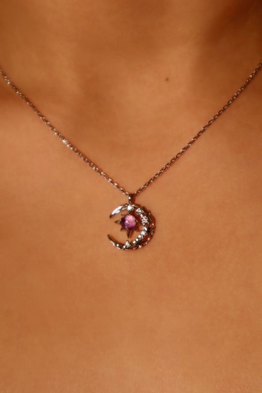 Collana con luna e gemma glitterata viola
