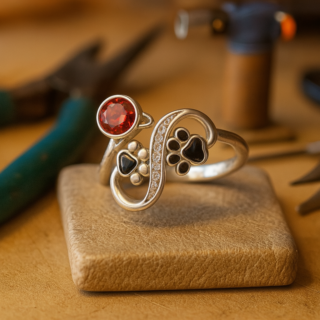 Anello Regolabile con Zampa Nera & Gemma Rossa