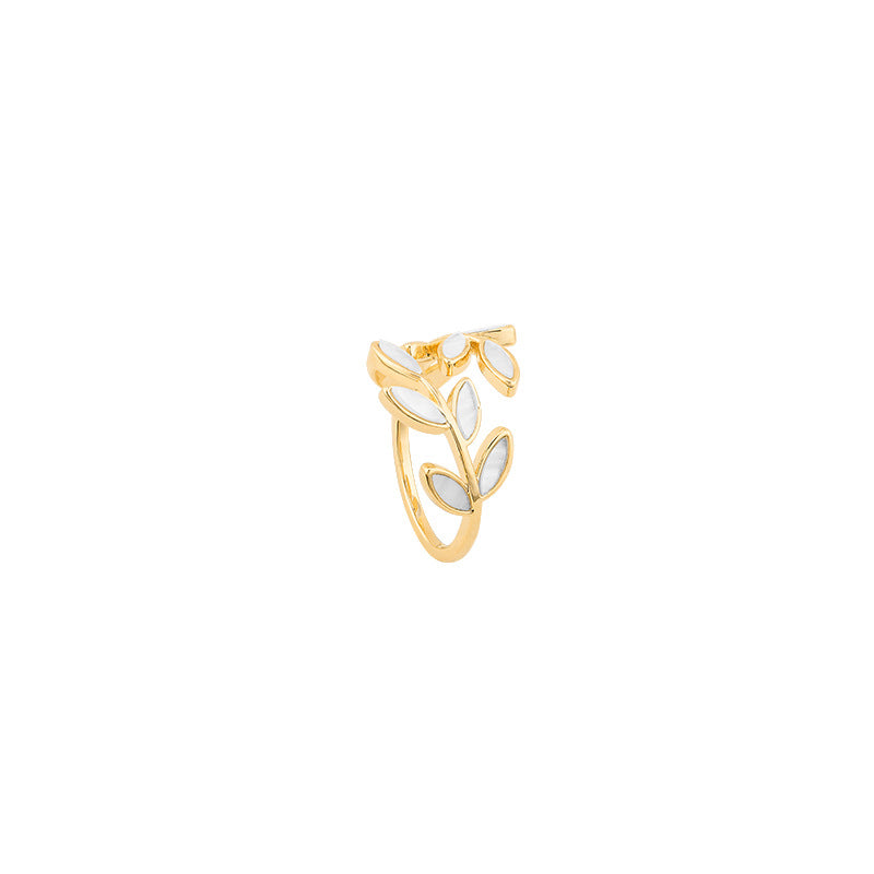Anello Regolabile Oro con Foglia e Opale Bianco