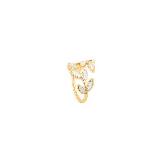 Anello Regolabile Oro con Foglia e Opale Bianco