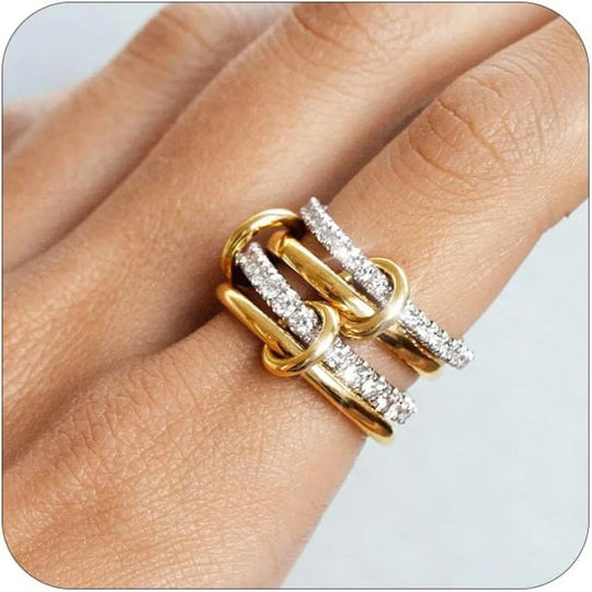 Anello a catena con cristalli in oro e argento